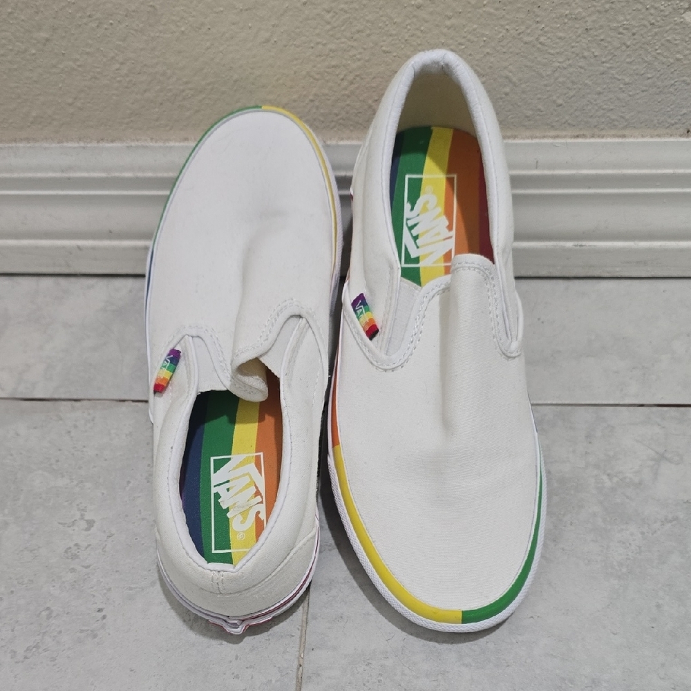 Vans Womans White Rainbow Slip-On Sneakers